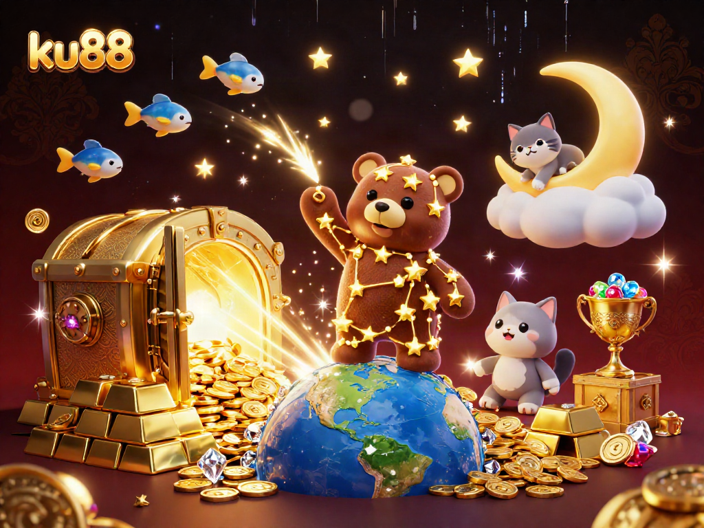 Experience winning moments at ku88 with a magical constellation bear and treasure-filled scene.