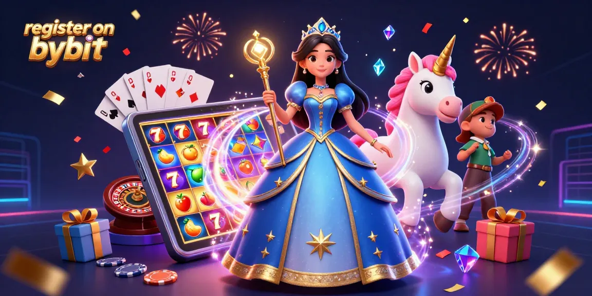 Win big when you register on Bybit, featuring a vibrant 3D scene with a glamorous character and casino elements.