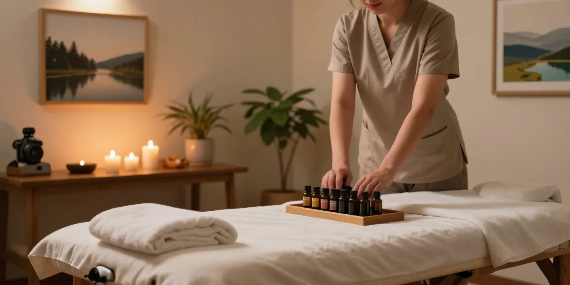 A peaceful massage therapy room showcasing 부평출장마사지 setup with calming decor and essential oils.