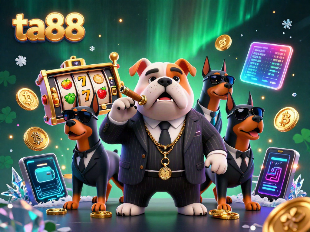 Experience thrill at ta88 with a mafia boss bulldog and bodyguards, surrounded by jackpot reels and glowing crypto coins.