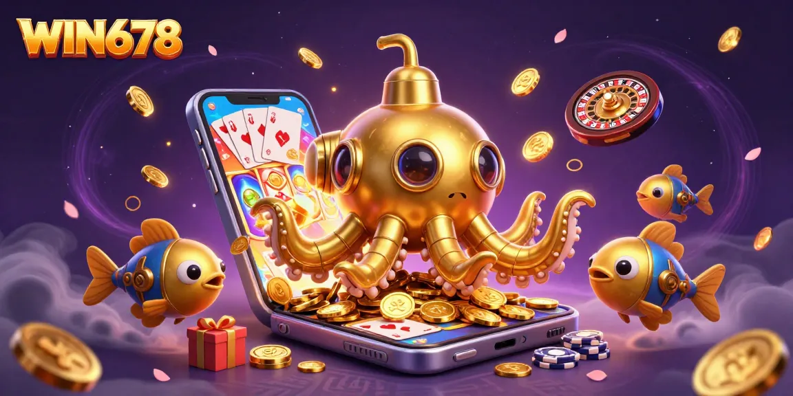 WIN678 summons excitement with an illustrated golden kraken amidst spinning slots and coins.