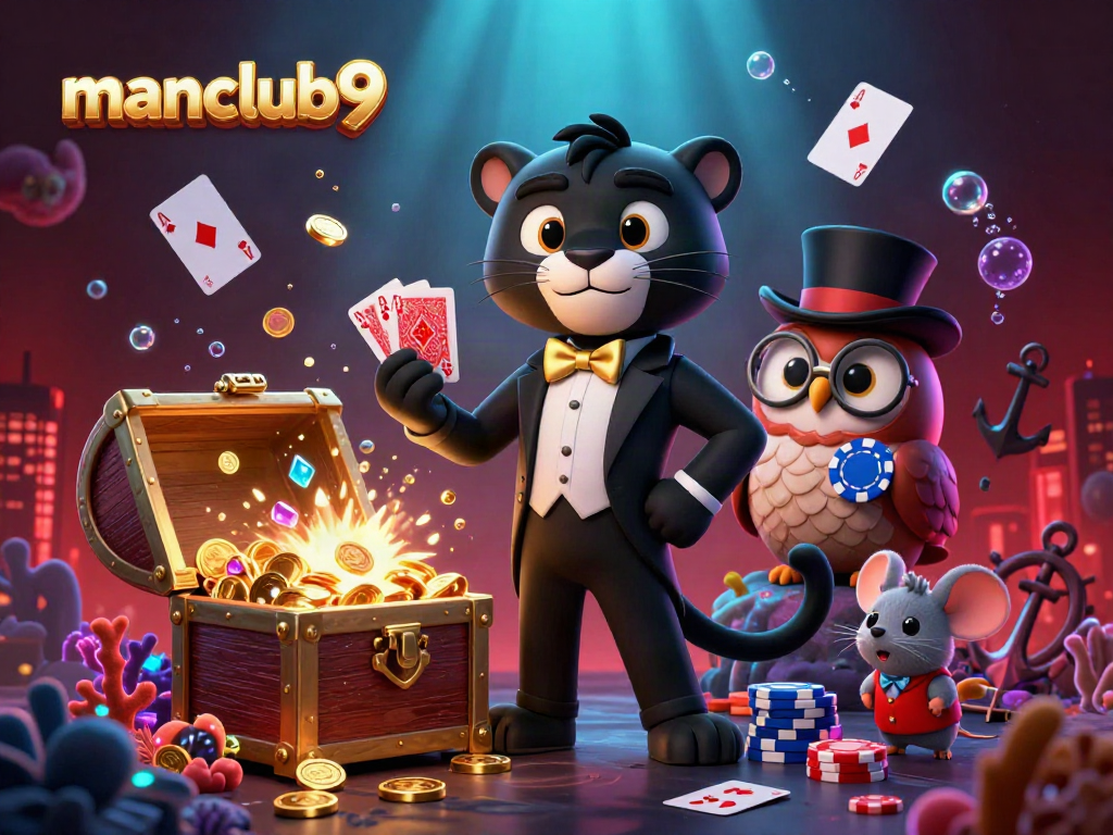 Experience the thrill of manclub9 with a vivid blackjack scene featuring a tuxedoed panther and a poker owl.