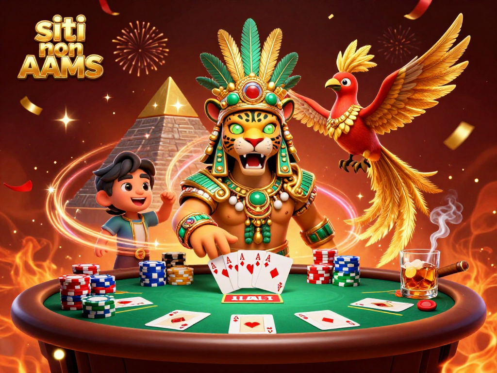 I protagonisti dei siti non AAMS su un tavolo da poker con 4 assi distribuiti, atmosfera festiva e scintillante.