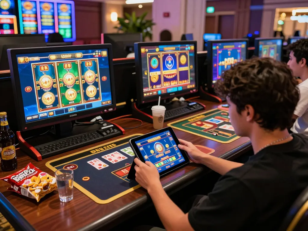 Engaging scene of a gamer enjoying 68gamebaivn online casino on a tablet, with colorful slot games in background