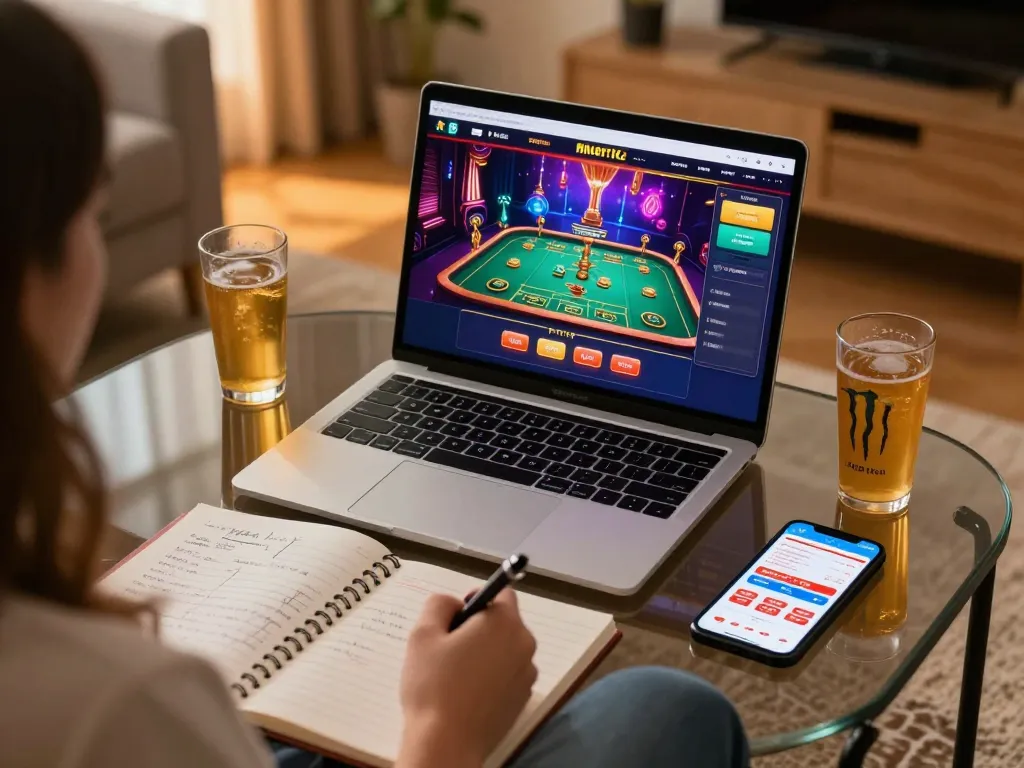 Engaging home scene with LGOLUX LOGIN on a laptop, focused on strategic online gambling.