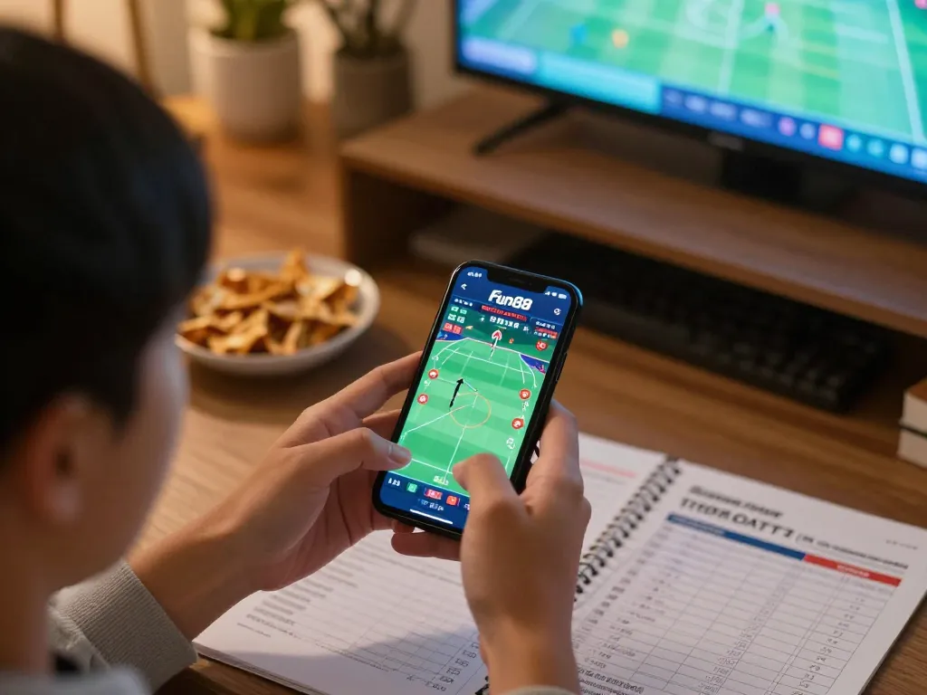 Engaging in Fun88 live sports betting on smartphone, showcasing excitement and strategic focus in cozy atmosphere