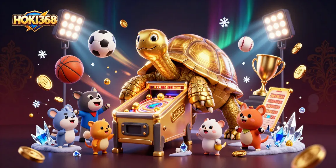 Experience HOKI368 with a thrilling gambling scene featuring dynamic sports elements and a playful tortoise pinball.