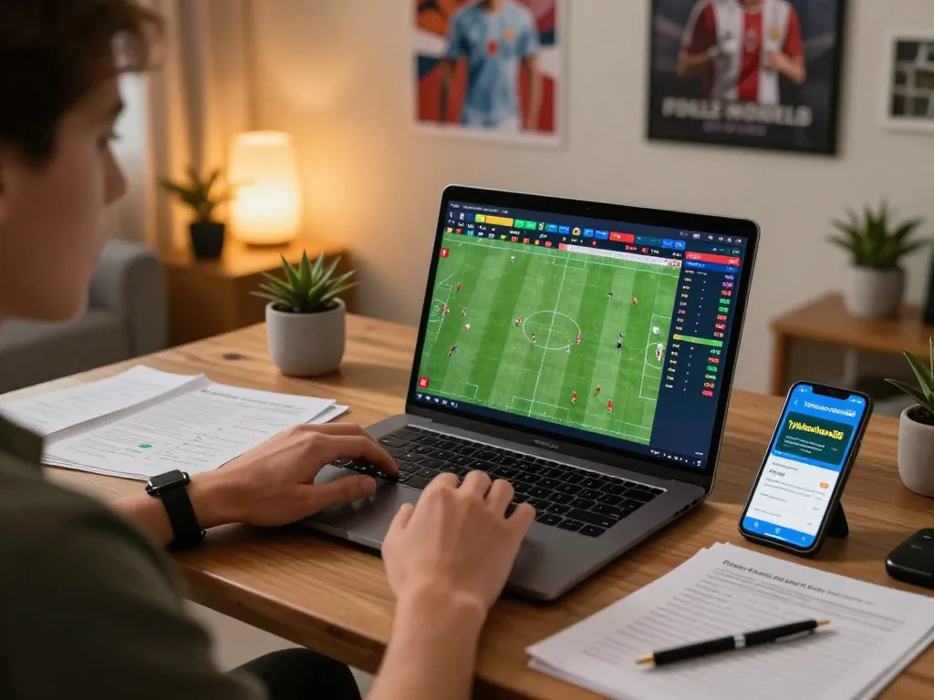 Analyzing live sports odds on laptop with tylekeonhacai88 app beside, strategic viewing atmosphere.