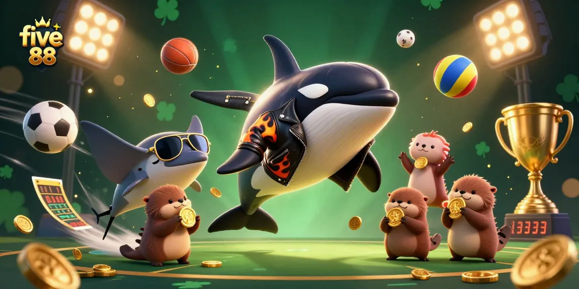 Experience thrilling gaming with five 88 as vibrant characters bounce among coins and sports elements.