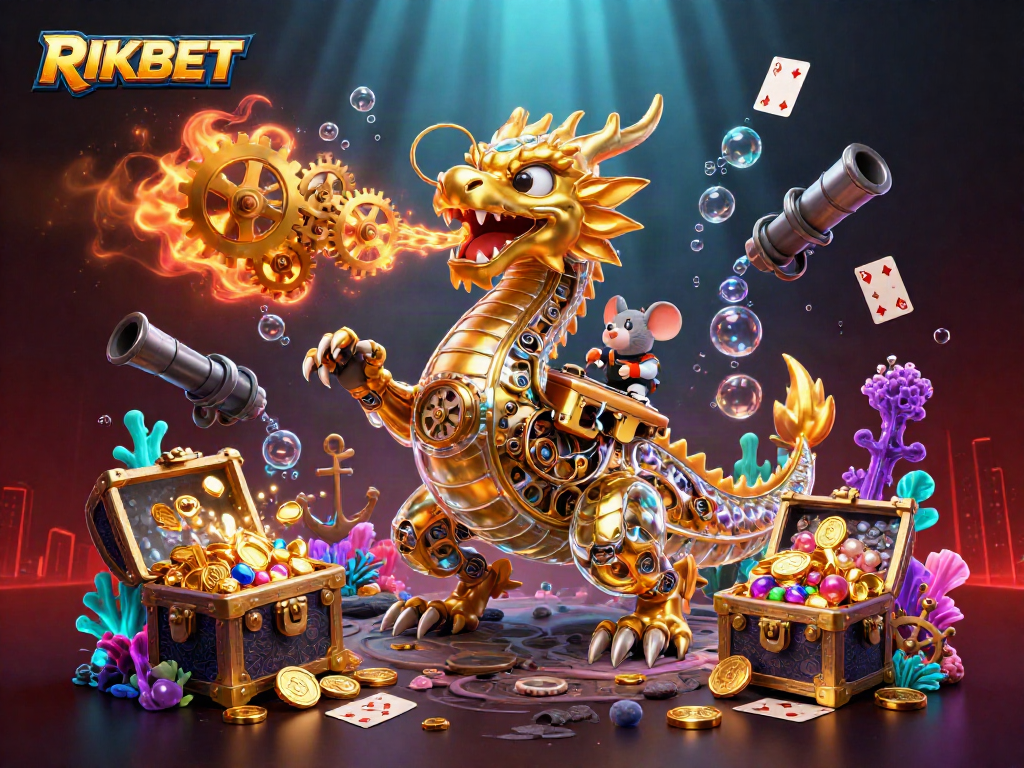 Experience the magic of RIKBET with a golden dragon amidst explosive treasures in a vibrant casino world.
