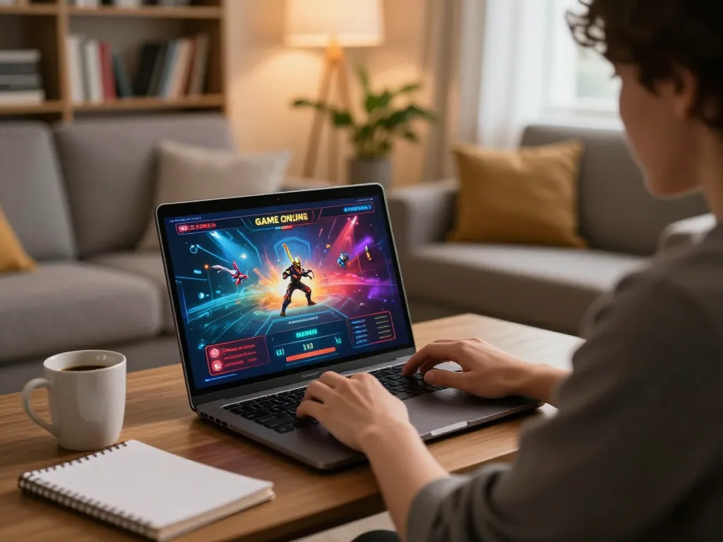 Engaged in gameplay for a GAME ONLINE, player interacts with a vibrant gaming interface in a cozy home setting.