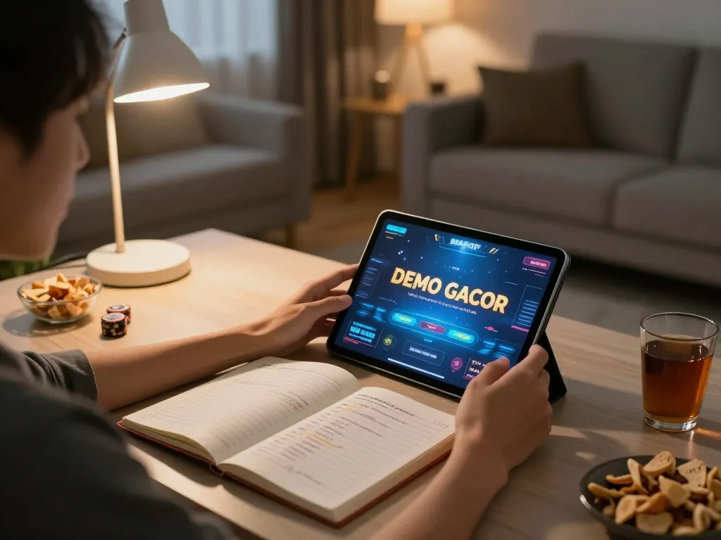 Person enjoying Demo Gacor slot game on tablet in cozy living room