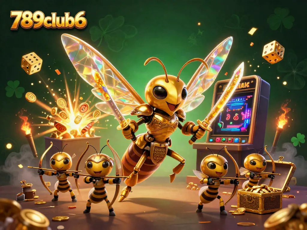 Experience the excitement of slots with 789club6's golden hornet and dynamic casino elements in a vibrant 3D scene.