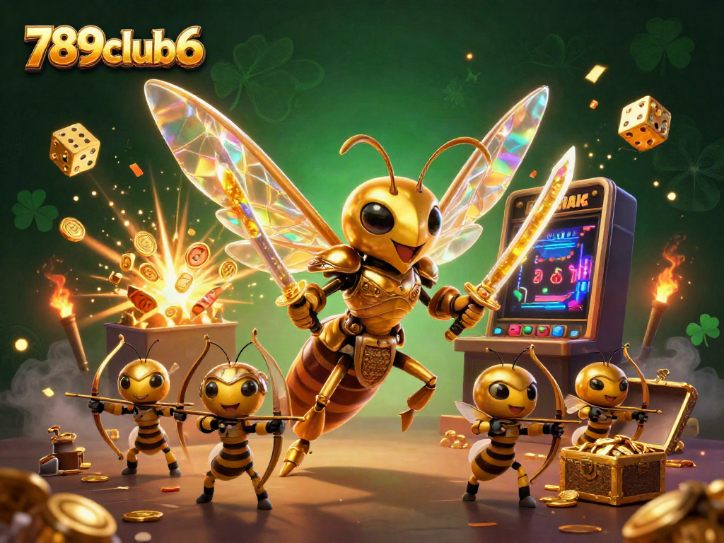 Experience the excitement of slots with 789club6's golden hornet and dynamic casino elements in a vibrant 3D scene.