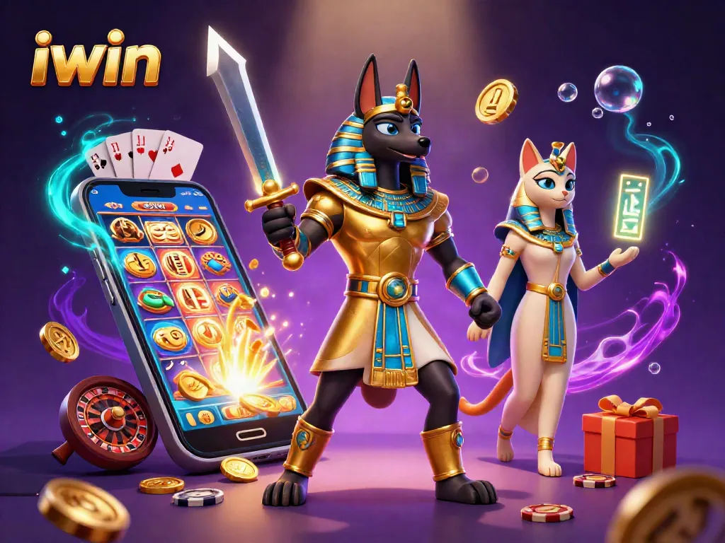 Play thrilling casino games with iwin featuring Anubis and Bastet in a vibrant 3D scene.