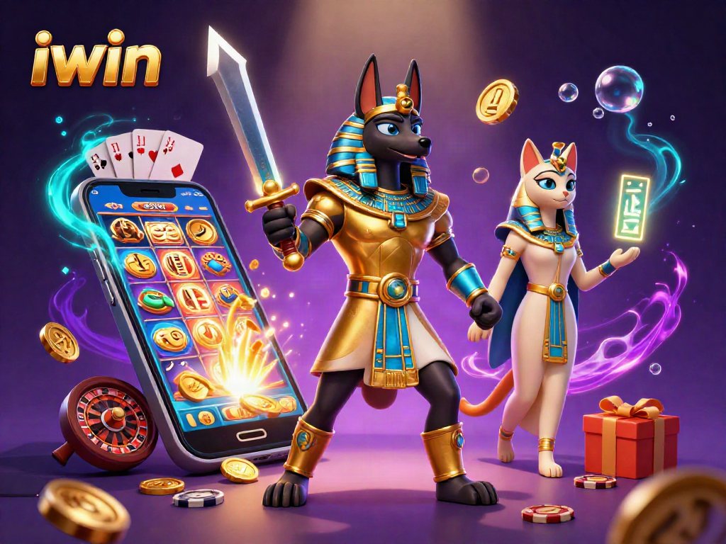 Play thrilling casino games with iwin featuring Anubis and Bastet in a vibrant 3D scene.