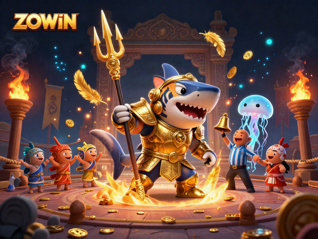 ZOWIN: Experience thrilling underwater battles featuring a fierce tiger shark in gladiator armor.