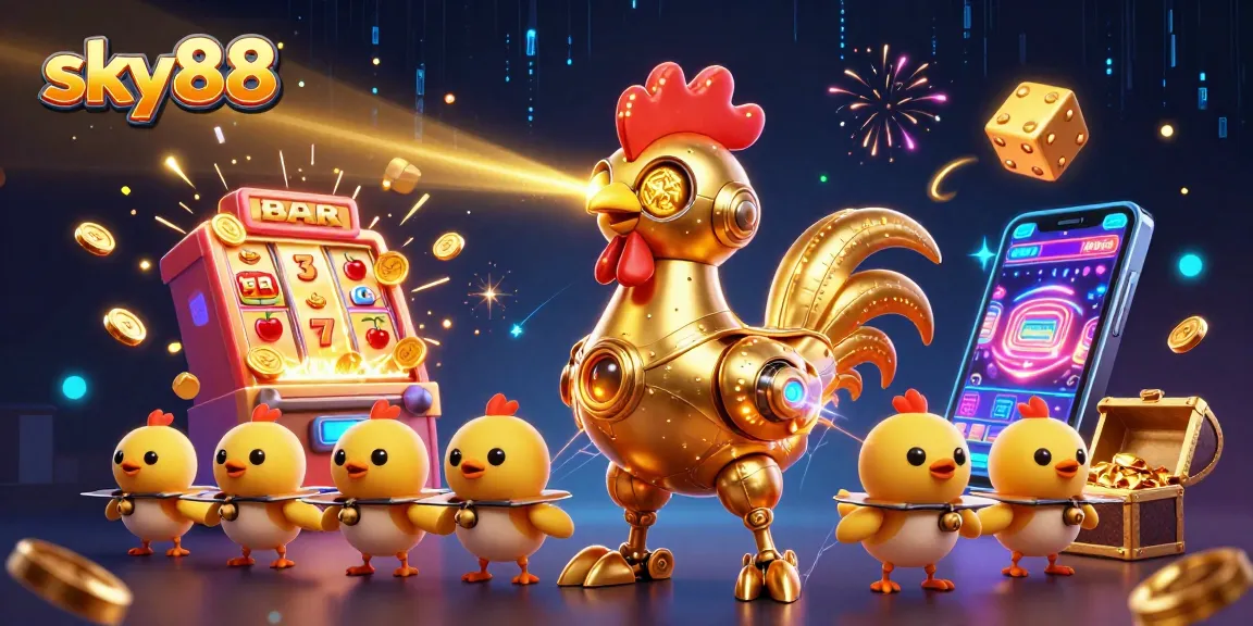Experience exciting wins with sky88's dynamic gambling scene featuring vibrant slot machines and engaging characters.