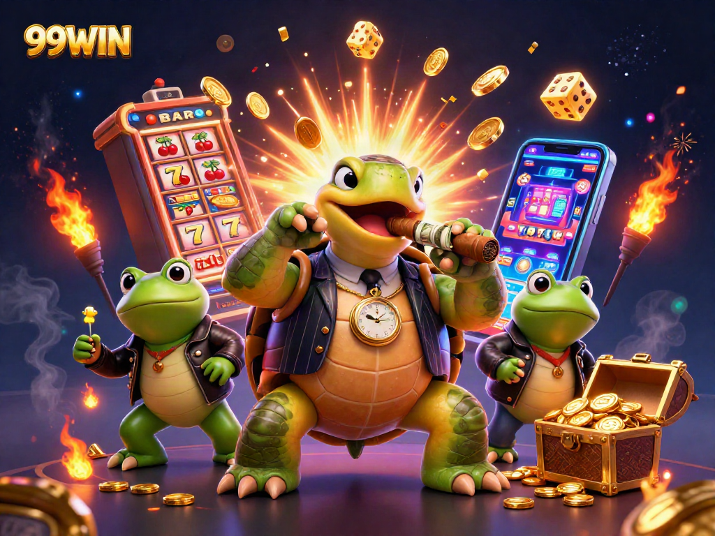 Experience exhilarating wins at 99WIN with a colorful 3D casino scene highlighting slot machines.