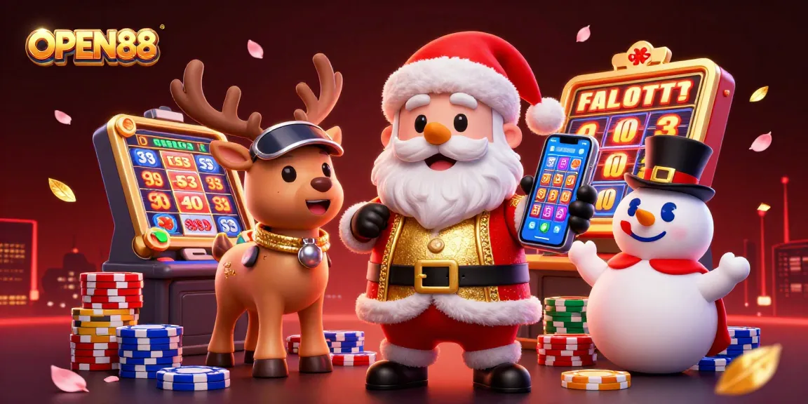 Experience the excitement of OPEN88 with Santa and friends in a vibrant casino scene showcasing jackpot slots.