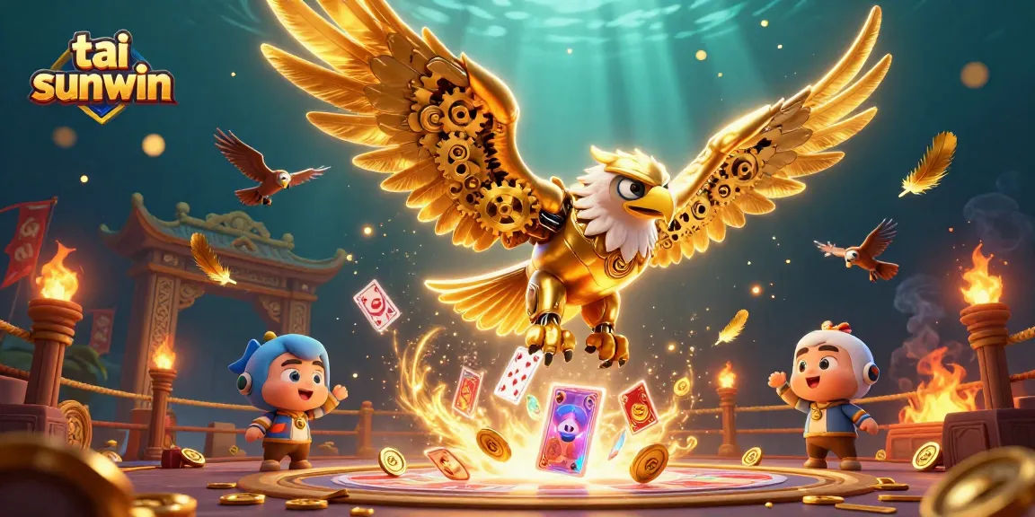 Winning at tai sunwin as a 3D golden eagle dives through holographic cards in a rich casino scene