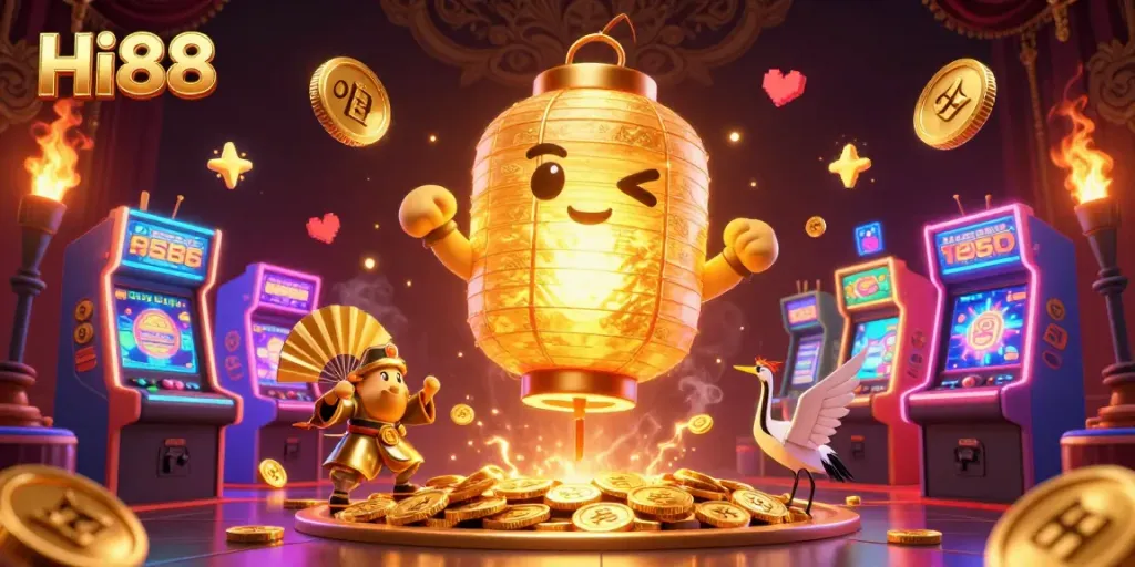 Engage with Hi88's exciting casino experience filled with golden lanterns, arcade games, and vibrant visuals.