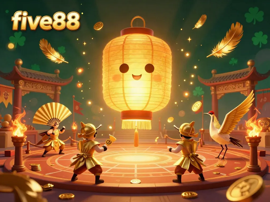 Experience the lively five88 gaming atmosphere with a glowing golden lantern spirit and paper fan warriors amidst dynamic casino elements.