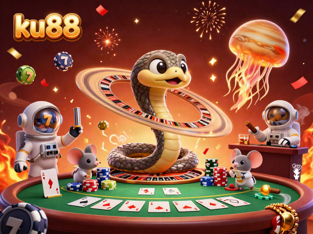 Engage with ku88 by betting on the Saturn roulette wheel surrounded by animated mice in a colorful, festive scene.