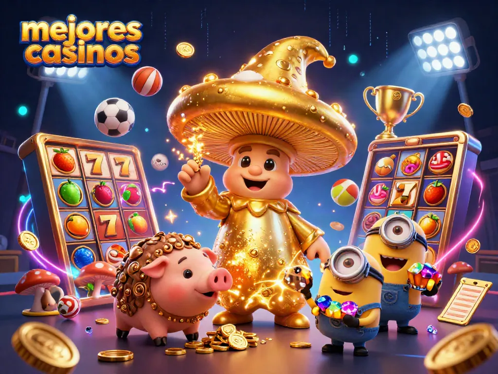 Juega en los mejores casinos con un mago dorado y elementos de jackpot en un entorno vibrante.