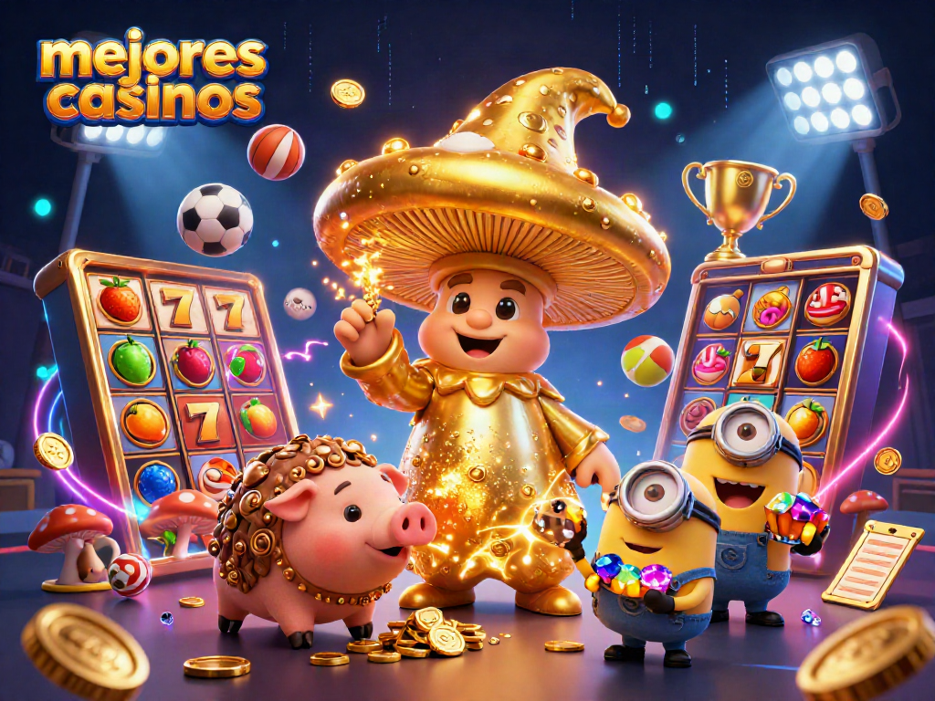 Juega en los mejores casinos con un mago dorado y elementos de jackpot en un entorno vibrante.