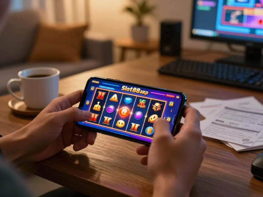 Player engaging with slot88 apk on smartphone, ready to spin for big wins in a cozy gaming environment.