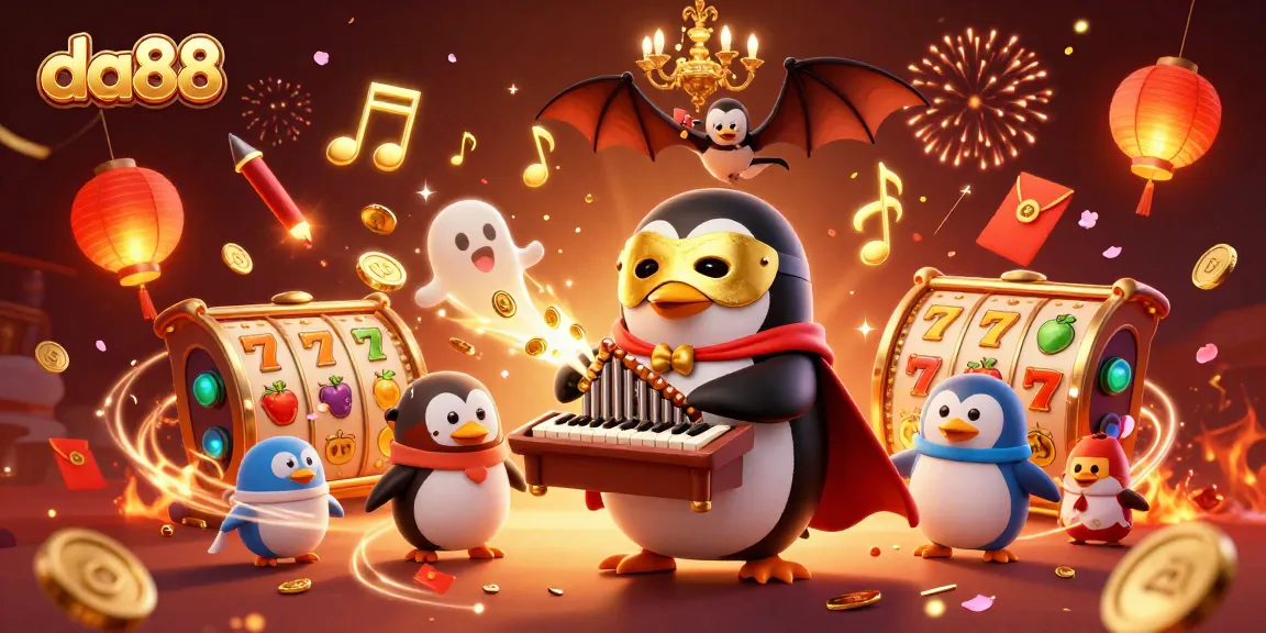 Experience vibrant gaming atmosphere at da88 with a golden organ-playing penguin and festive elements.