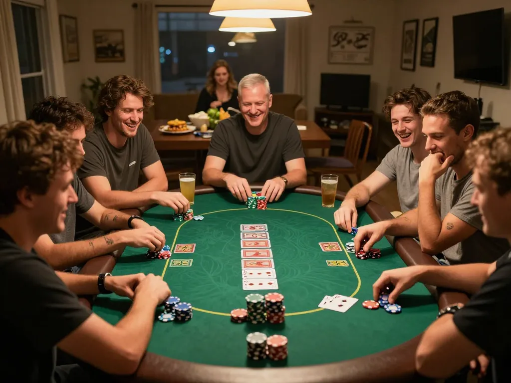 Friends enjoying a poker game at home, with lively interaction and strategic fun, rokok88 highlights social gaming.