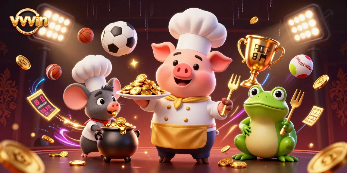 Experience casino excitement and odds with vvvwin featuring a chef pig, golden coins, and dynamic sports elements.