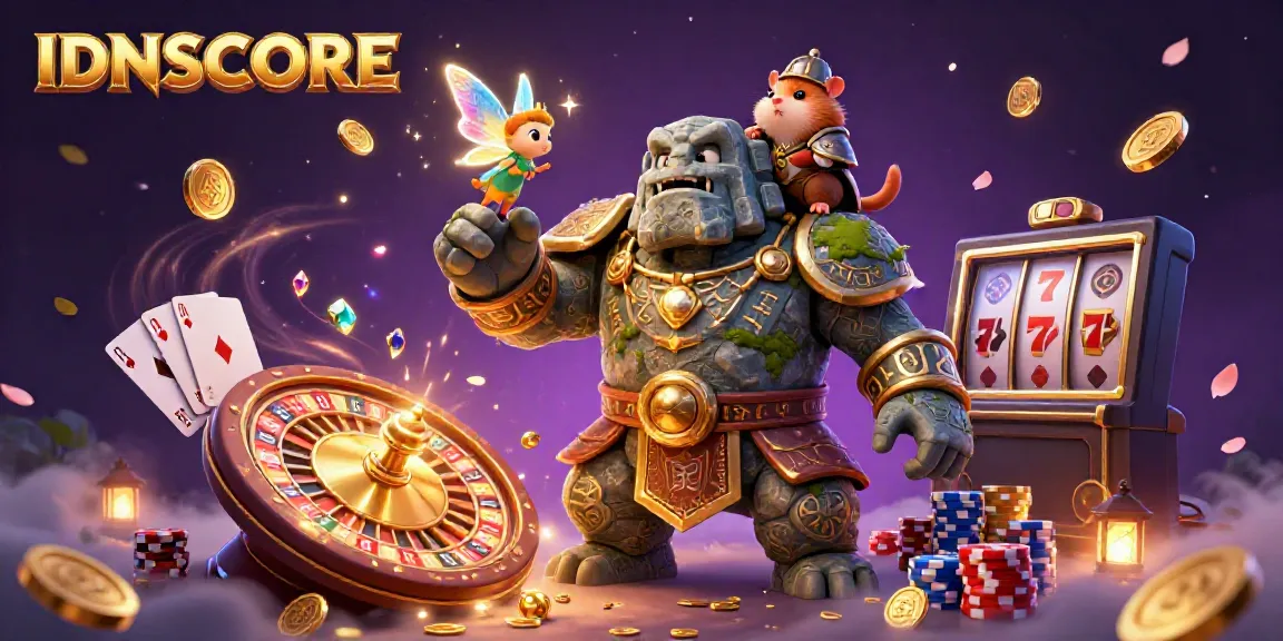 Experience winning thrills with the IDNSCORE golem guardian and magical companions in a vibrant casino adventure.