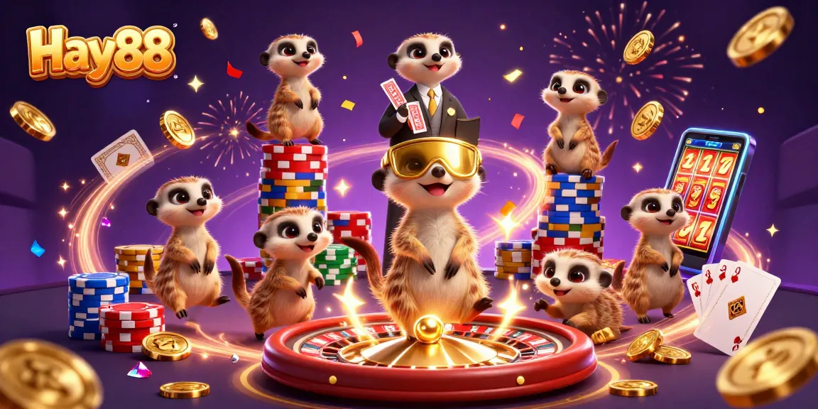 Experience thrilling gameplay at Hay88 with colorful meerkats managing a vibrant casino scene.