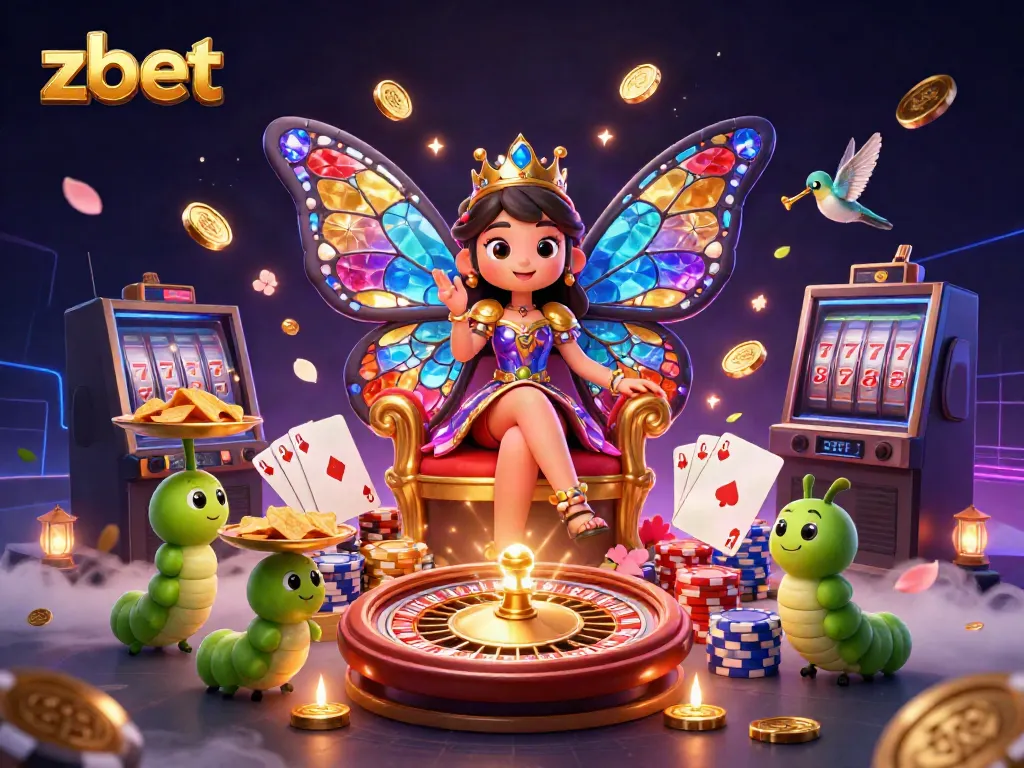 Engage in vibrant gaming action with zbet's casino illustration featuring dazzling butterfly queen and game elements.