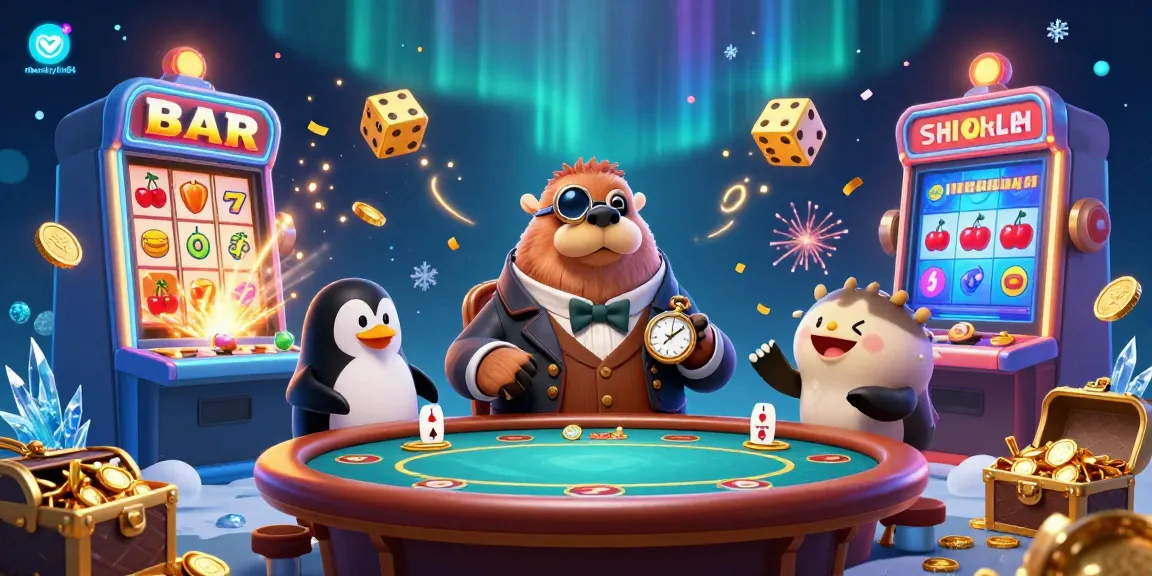 Experience the thrill of gambling with nhacaiuytin84, illustrated by a jolly walrus playing poker, surrounded by casino excitement.