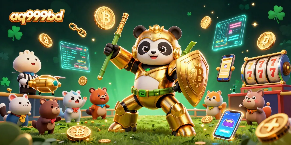 A dynamic scene showcasing a mech-suit panda with Bitcoin and Ethereum coins symbolizing aq999bd's vibrant gaming action.