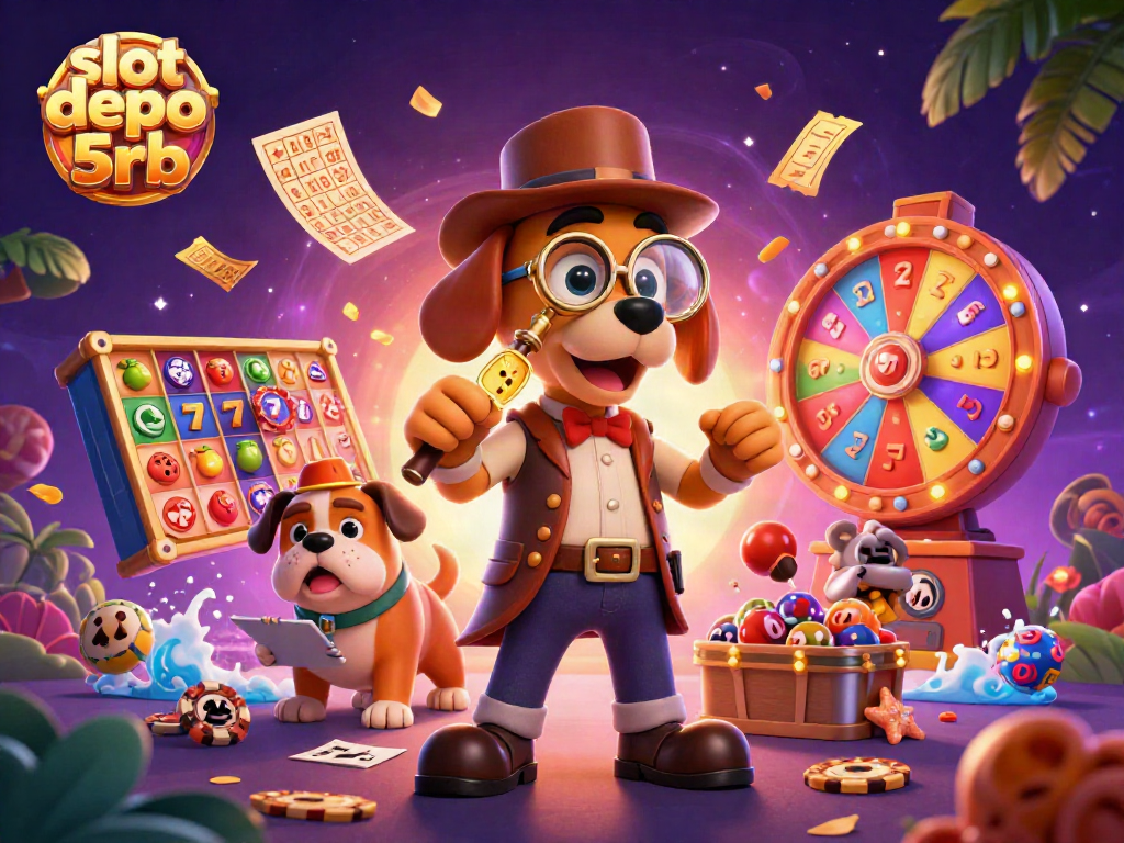 Engage in the thrilling world of slot depo 5rb with detectives exploring golden chips amidst vibrant game elements.