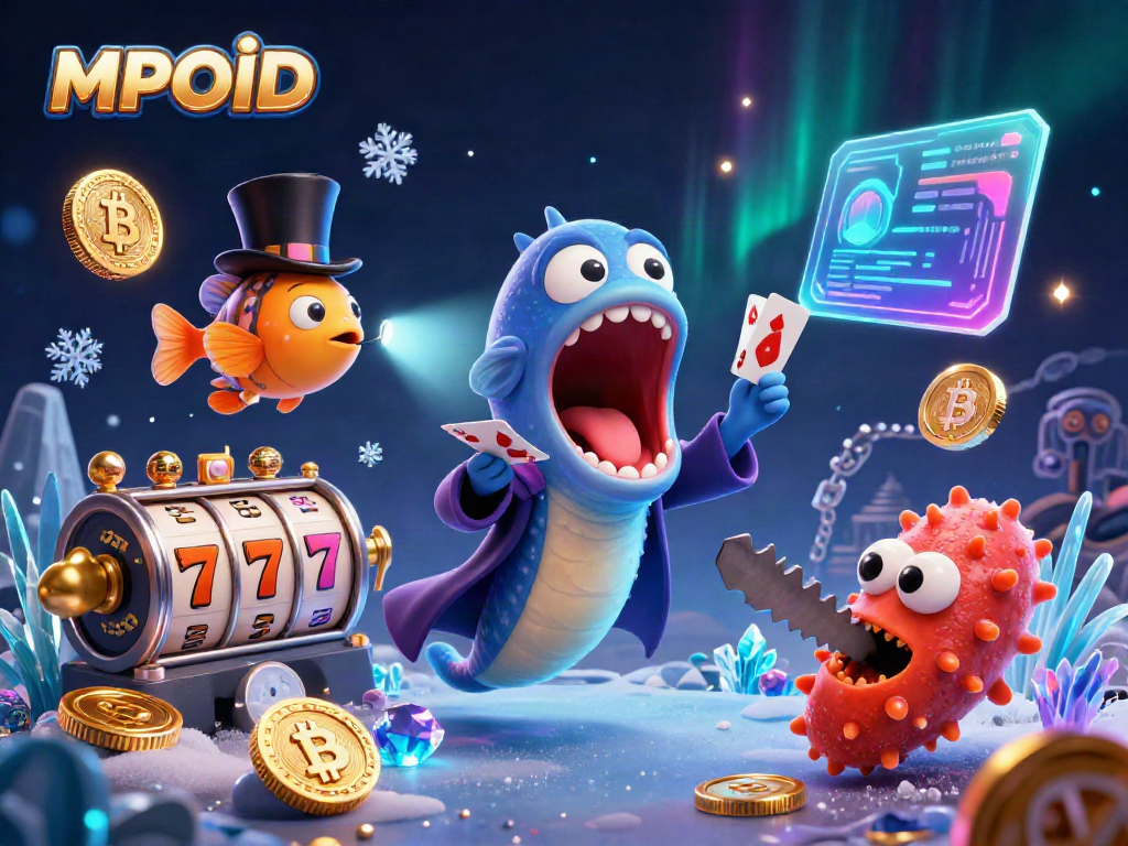 Experience the vibrant MPOID casino scene with animated characters and neon game elements.