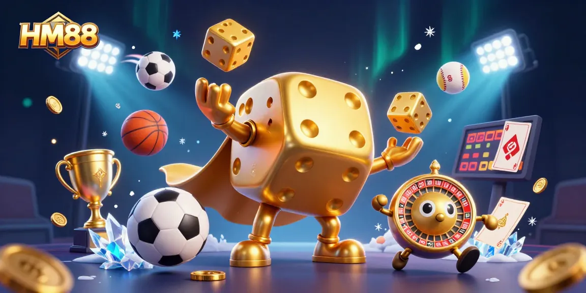 Experience thrilling gaming with HM88's vibrant casino elements, showcasing a dynamic golden dice golem and exciting sports fun.