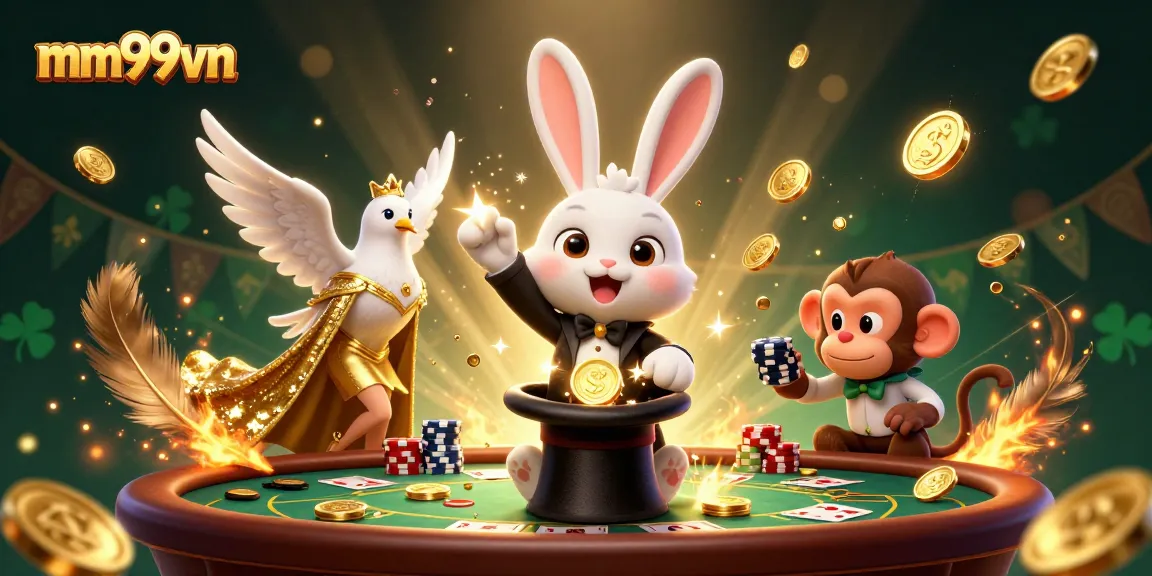 Engage with mm99vn's thrilling casino experience featuring a magician, dove, and playful monkey amidst poker chips.