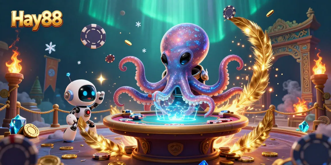 Join Hay88’s vibrant gaming adventure with a playful alien octopus at a cosmic poker table.