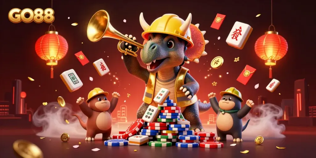 Engage in the exciting GO88 casino experience as vibrant characters celebrate with poker chips and festive decorations.