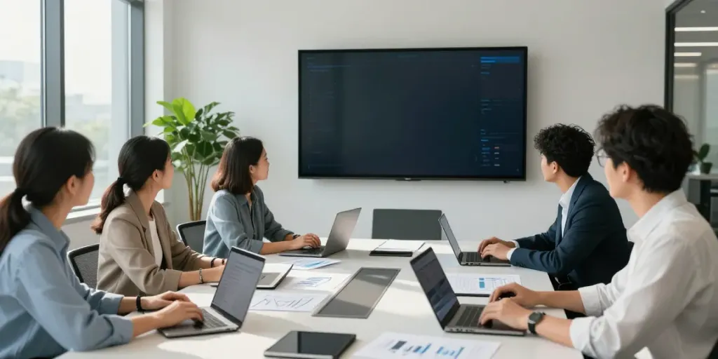 Team collaboration on Enterprise AI in a bright modern office setting.