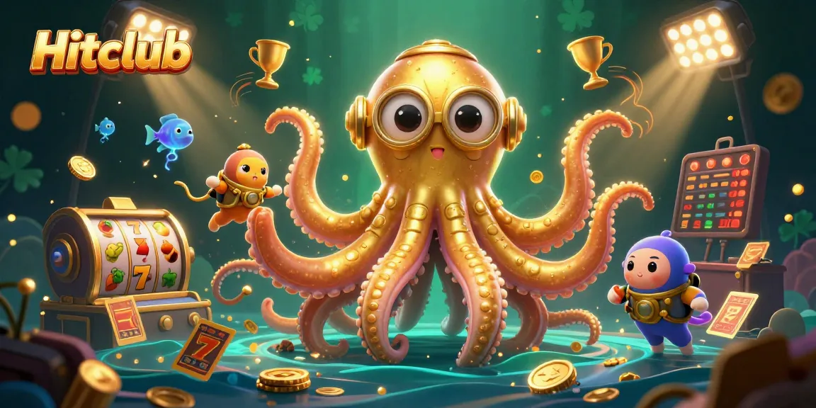 Hitclub players experience thrilling jackpot excitement with golden kraken and diving cat in vibrant 3D illustration.