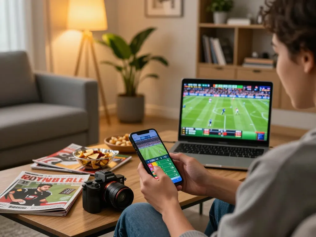 Watch LGO SUPER bets on a mobile app in a stylish home setting with live sports displayed.