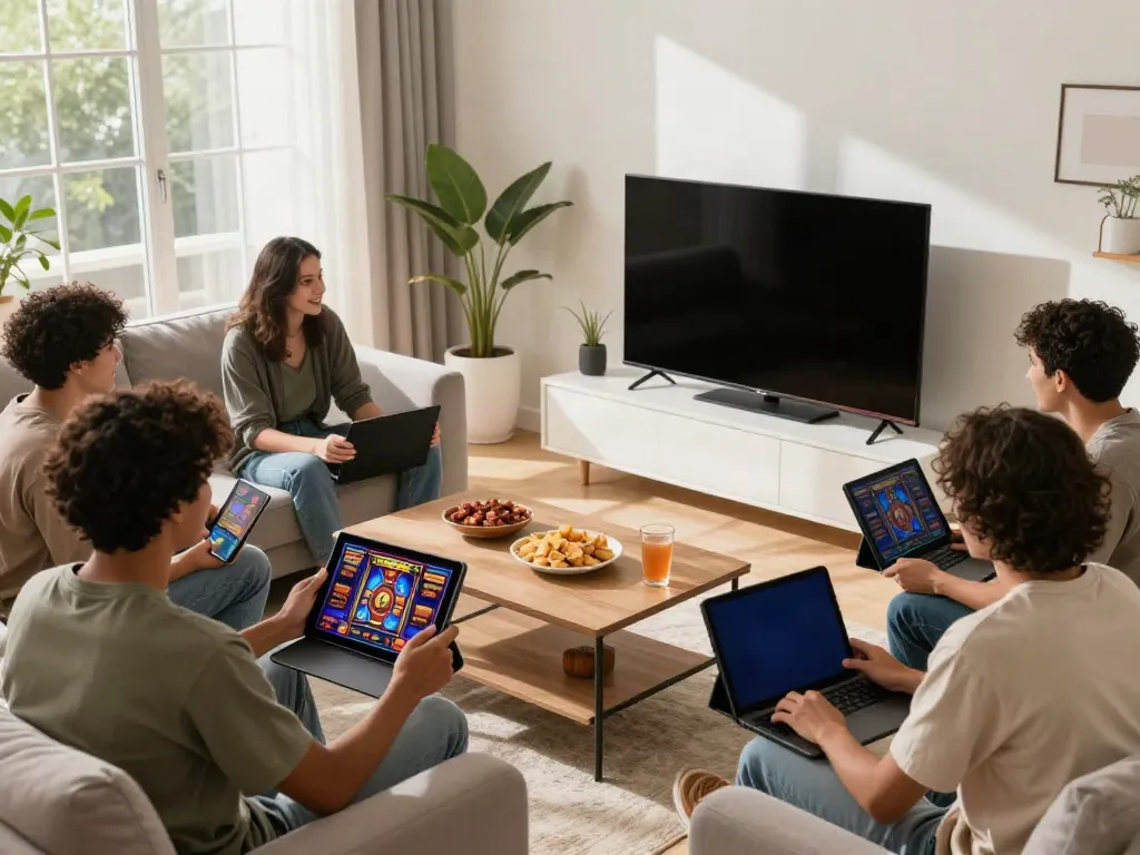 Engaging friends enjoying slot games at home via https://da88z.net/ with vibrant graphics and snacks.