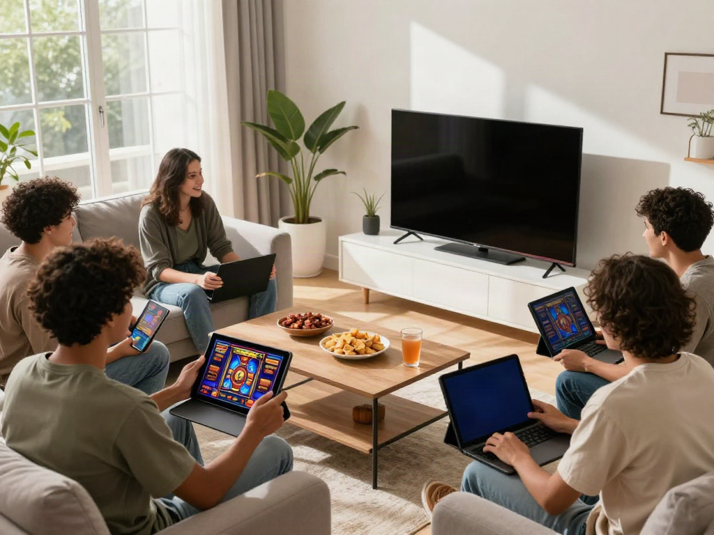 Engaging friends enjoying slot games at home via https://da88z.net/ with vibrant graphics and snacks.